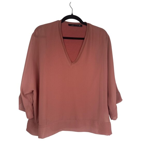 2/$30 ZARA XS Woman Rose Pink V-Neck Blouse Sheer Overlay - Picture 7 of 14